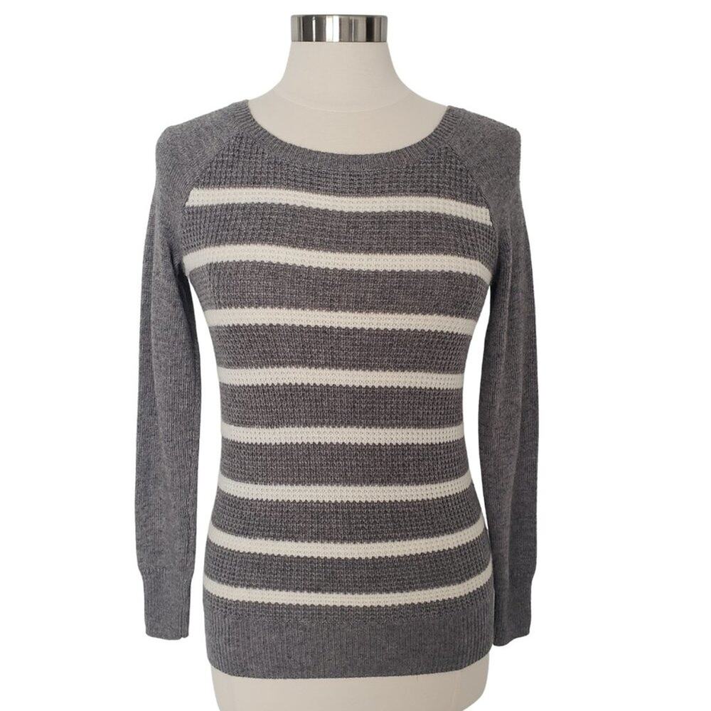 J.Crew Womens XXS Grey White Striped Merino Wool Blend Raglan Sleeve Sweater